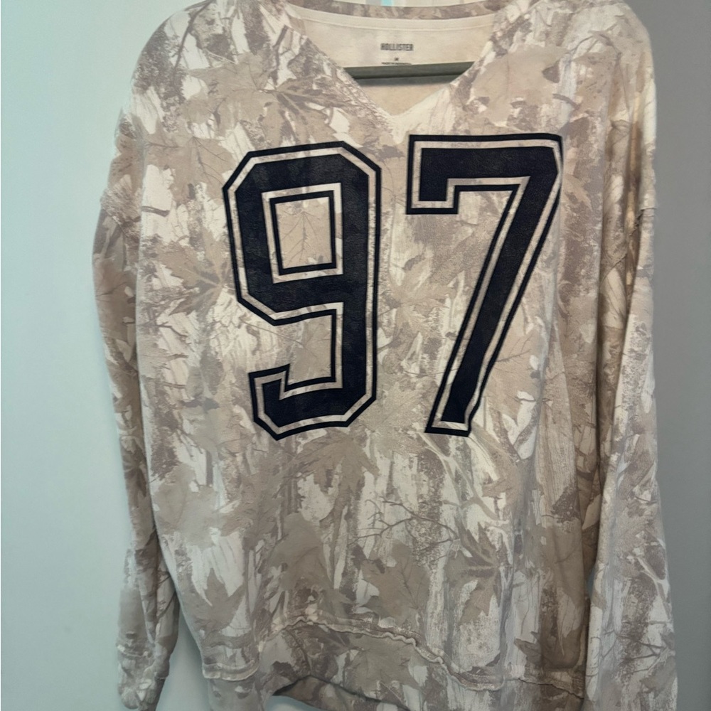 Hollister Beige Camouflage Top with Navy Print